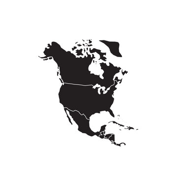 North America map in black silhouette on white background