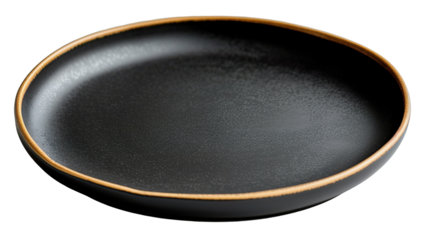 Black ceramic plate with a brushed gold rim is isolated on a transparent background. This design can be used for various food presentations and settings in different styles