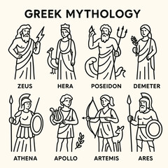 Obraz premium A collection of Greek mythology figures including Zeus, Hera, and others in a minimalist style.