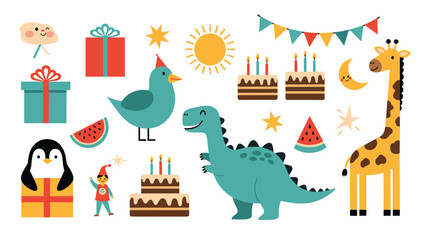 Fototapeta premium Colorful collection of cute birthday party elements, including a dinosaur, giraffe, penguin, cakes, gifts, and decorations for celebration.
