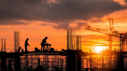 Workers and crane silhouetted on a vibrant construction site at sunset. Symbolizes progress, urban development, hard work, and the future.