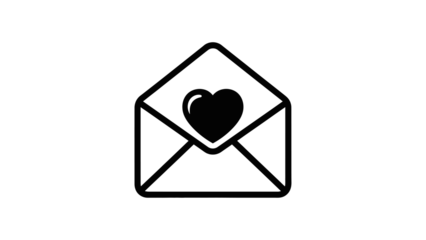Black heart in open envelope isolated on a transparent background