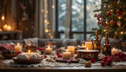 Cozy Christmas Candlelit Table with Festive Decor, Homemade Cookies, Warm Lights and Rustic Holiday Atmosphere for Winter Family Celebrations