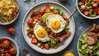 Healthy breakfast bowl with sunny-side-up eggs, fresh avocado slices, strawberries, mixed greens, and grains, beautifully arranged on a rustic table, showcasing colorful, nutritious, and wholesome