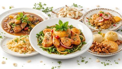 Delicious assortment of gourmet dishes featuring grilled chicken, savory seafood, fresh herbs, and flavorful sauces, beautifully plated on white dishes, showcasing variety, freshness, and restaurant