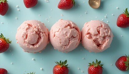 Three Scoops of Strawberry Ice Cream with Fresh Strawberries on Pastel Background &ndash; Summer Frozen Dessert Flat Lay, Sweet Pink Treat, Minimal Food Photography