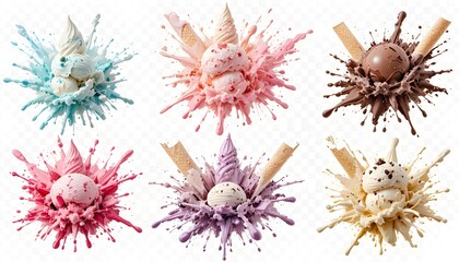 Colorful ice cream splashes with scoops and wafer sticks exploding in vibrant pastel tones, a creative dessert concept showcasing motion, texture, and playful sweetness perfect for modern food art vis