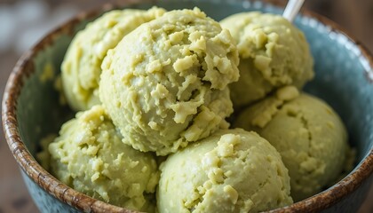 Creamy pistachio ice cream scoops served in a rustic ceramic bowl, showcasing a rich nutty flavor, smooth texture, and artisan presentation, perfect for gourmet desserts and refreshing summer treats