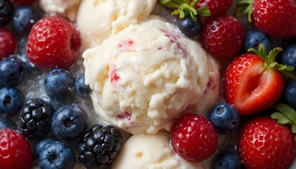 Creamy vanilla ice cream scoops surrounded by fresh strawberries, blueberries, raspberries, and blackberries, a vibrant summer dessert highlighting rich texture, natural sweetness, and refreshing