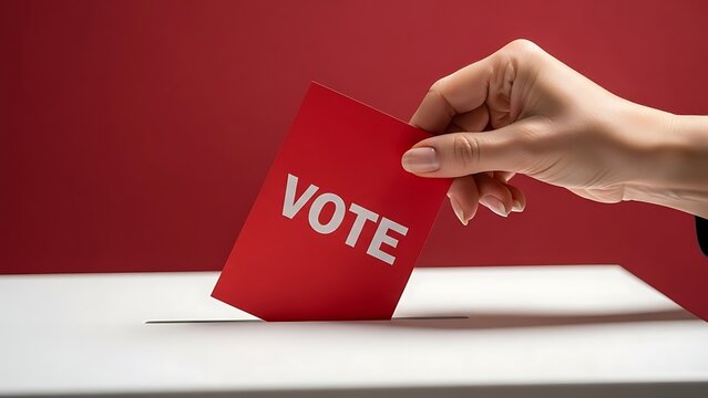 Hand casting vote into ballot box red voting card.