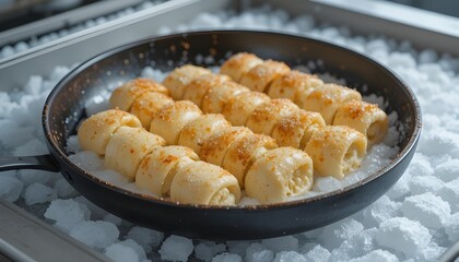 Golden Baked Sweet Pastry Rolls in Pan &ndash; Homemade Sugar-Dusted Dessert Rolls Fresh from the Oven with Crispy Edges and Soft Centers