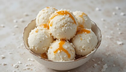 Vanilla Ice Cream Scoops with Golden Caramel Sauce &ndash; Creamy Homemade Dessert Bowl with Smooth Texture and Sweet Drizzle