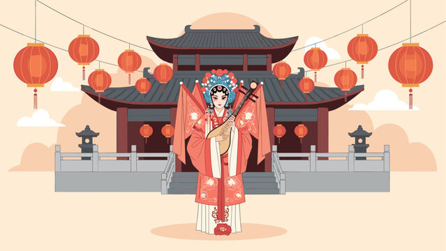 Traditional chinese opera performer in front of lantern-adorned pagoda