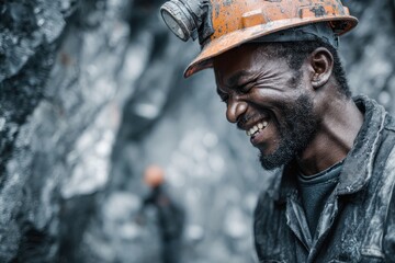 Smiling African miner in a dirty hard hat with a headlamp. Represents hard work, resilience, and joy in difficult conditions.
