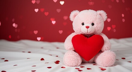 Adorable Teddy Bear Sitting on Bed Amidst Heart Confetti