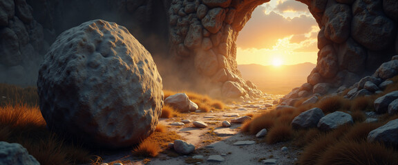 Rocky hillside with cave opening and rolled stone symbolizing Lent  