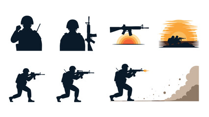 Fototapeta premium Military silhouettes: soldiers and combat scenes in dynamic illustrations
