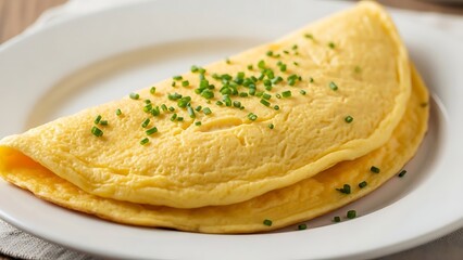 Omelette with chives on white plate breakfast dish home cooking.