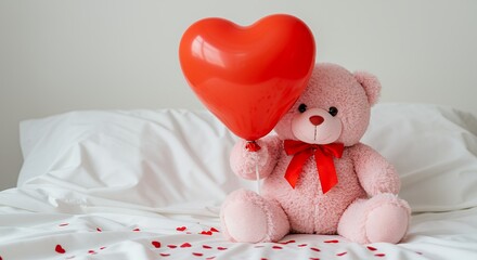 Teddy Bear in a Bed with Red Balloon and Heart