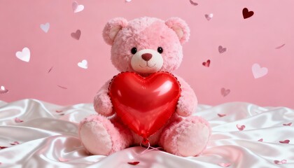 Adorable Pink Teddy Bear Sitting on Bed with Confetti