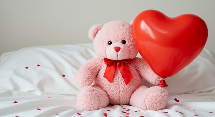 Cute Pink Teddy Bear with Heart Balloon on Bed