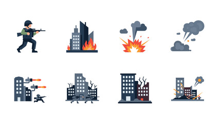 Fototapeta premium City conflict and destruction: urban warfare and explosions scene set