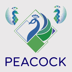 Naklejka premium Stylized peacock geometric emblem in diamond frame with mosaic feathers, elegant Indian national bird logo vector for culture, decor and branding projects