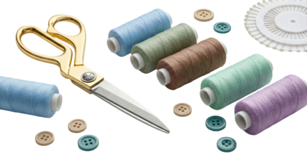 Sewing Supplies: Scissors, Thread Spools, Buttons, and Pins on White Background
