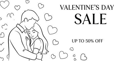 Outline illustration of a loving couple embracing surrounded by scattered hearts advertising a special valentine's day sale event offering significant savings