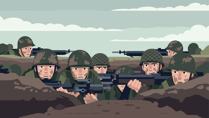 Fototapeta premium Soldiers in trenches with rifles in flat design on overcast day