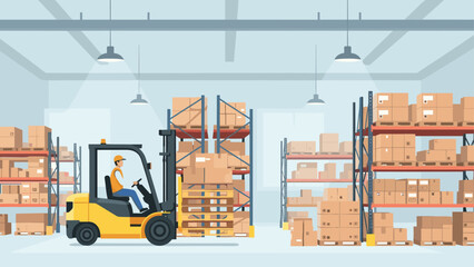 Forklift operator organizing boxes in warehouse storage facility