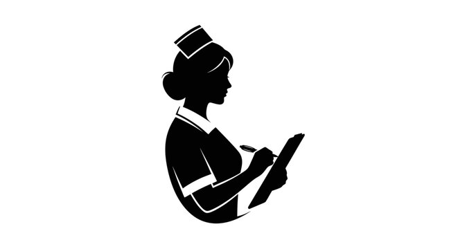 Nurse in uniform holding tablet.