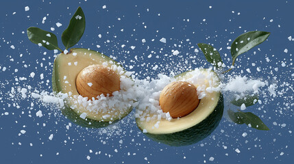 Avocado Delight: A dynamic composition showcases a sliced avocado, suspended amidst a vibrant explosion of freshness, capturing the essence of the superfood in a photorealistic and appetizing display.