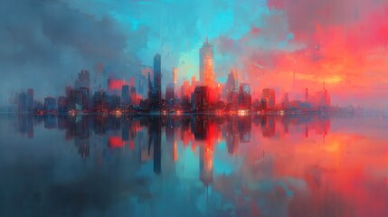 Naklejka premium Futuristic City Reflection, a stunning skyline of a vibrant metropolis mirrored in calm waters, showcasing advanced architecture and a dynamic color palette.