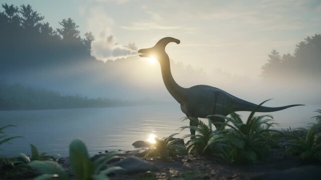 Parasaurolophus dinosaur standing on misty riverbank at sunrise. Ethereal golden light, foggy atmosphere.