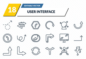 user interface icons set - curly dotted arrow, road, turn left only, multitasking worker, musical outline vector collection.