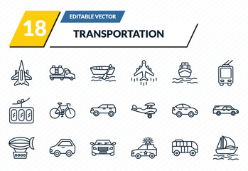 transportation icons set - military airplane, tanker, dugout canoe, modern bus, catamaran outline vector collection. © IconArt