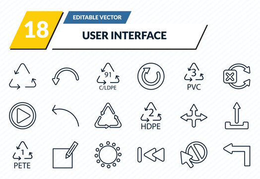 user interface icons set - recycable, curve arrows, 91 c/ldpe, forbidden cursor, left turn outline vector collection.