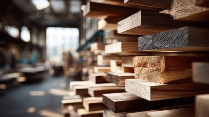 Detail of stacked lumber with diverse wood grain textures in a workshop. Perfect for showing woodworking, sustainable materials, or construction projects.