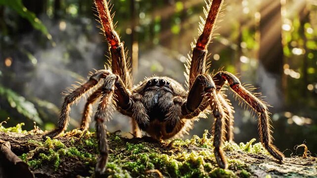 Intense Close Up Of A Hairy Spider Resting On A Moss Covered Branch In A Sunlit Forest