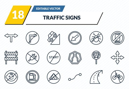 traffic signs icons set - t junction, no turn, hill, highway, no bicycle outline vector collection.