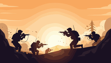 Fototapeta premium Silhouette soldiers in battle stance against dramatic sunset background