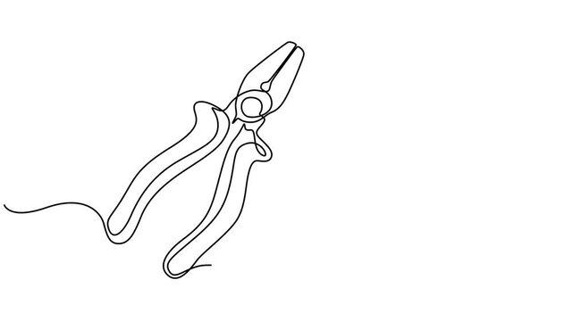 Handwritten silhouette of pliers with black path on white background. Continuous line drawing. motion graphic, Animation of a single line drawing of pliers. Continuous contour movement of pliers. pro.