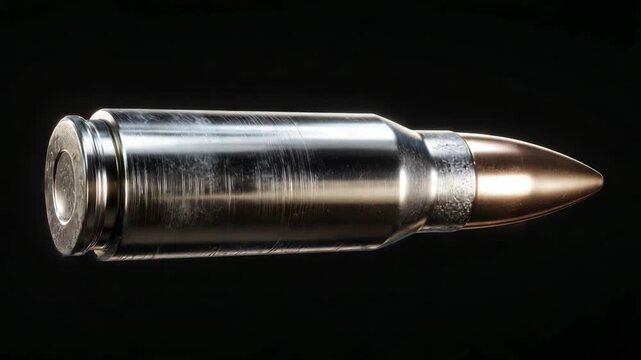 Metallic bullet cartridge with realistic scratches and reflections, close-up style, isolated on black background, concept of ammunition