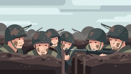 Fototapeta premium Soldiers in trenches during world war conflict under cloudy skies