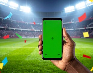 A person of color's hand holds a smartphone with a green screen, confetti falling over a stadium