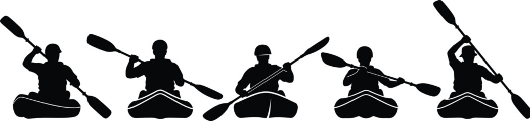 Silhouette Vector of Kayakers Paddling with Double-Bladed Oars in Various Poses for Outdoor Sports Design