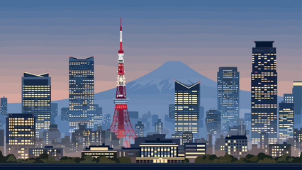 Tokyo cityscape at dusk with skyscrapers and iconic tower against mount fuji silhouette