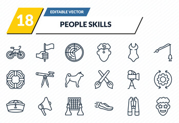 Fototapeta premium people skills icons set - cyclist, leadership, radar detection, big binoculars, emotions outline vector collection.