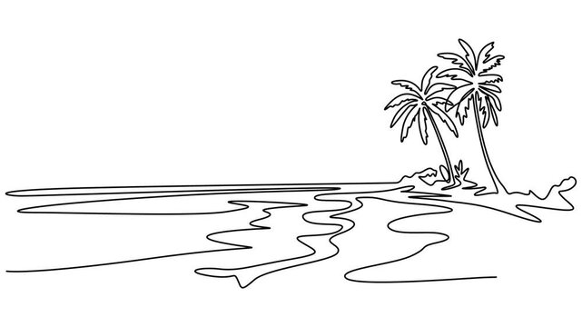 Animated self drawing of Coconut tree near the beach video illustration. Shady coconut trees to enjoy the beach atmosphere, Palm one line drawing animation. Video clip with alpha channel, Landscape.